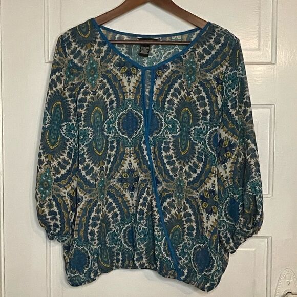 Jules & Leopold Tops - Jules and Leopold Sheer Blue Design Wispy Top w/ Open Keyhole & Bishop Sleeve